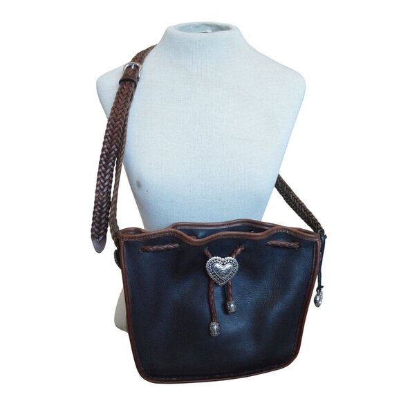 Vintage 90s Brighton Braided Leather Crossbody Drawstring Bag Silver Heart Charm - Picture 1 of 10
